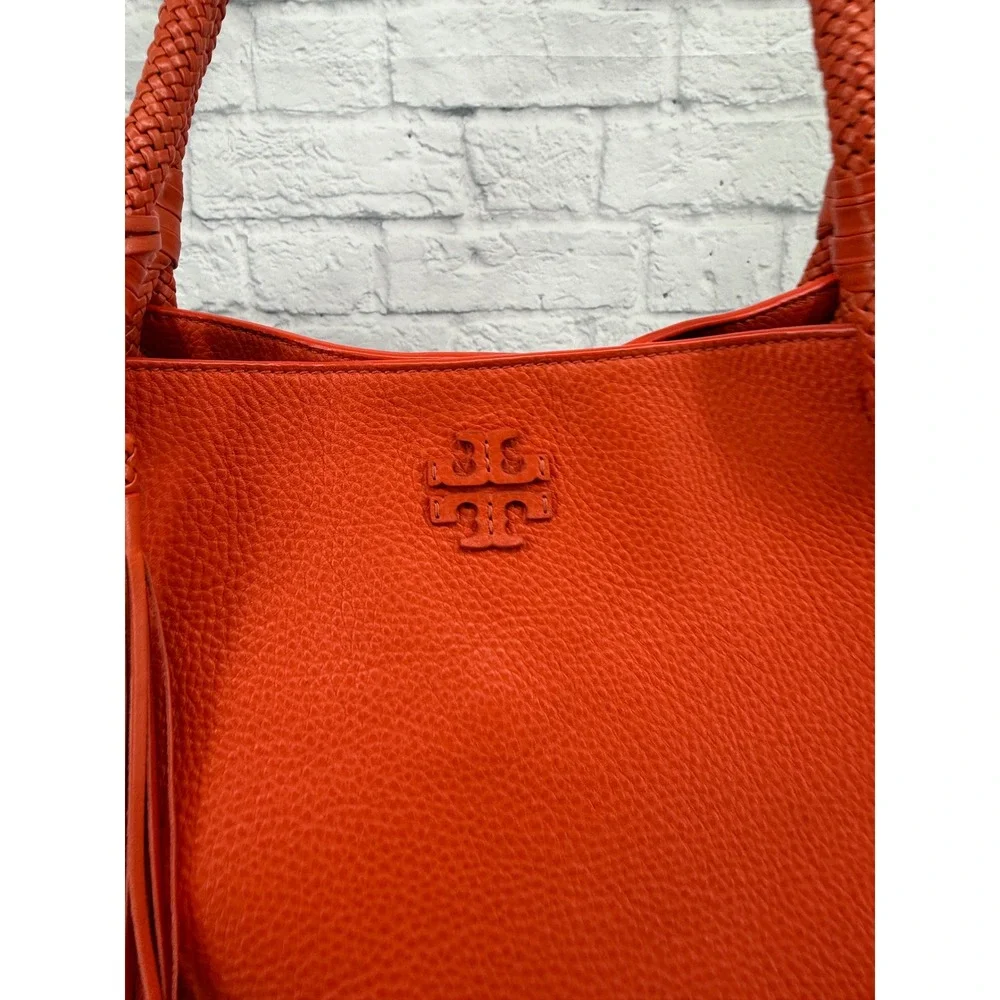 Tory Burch Taylor Tote Bag Coral Red Pebbled Leather Purse Tassel Dust Bag